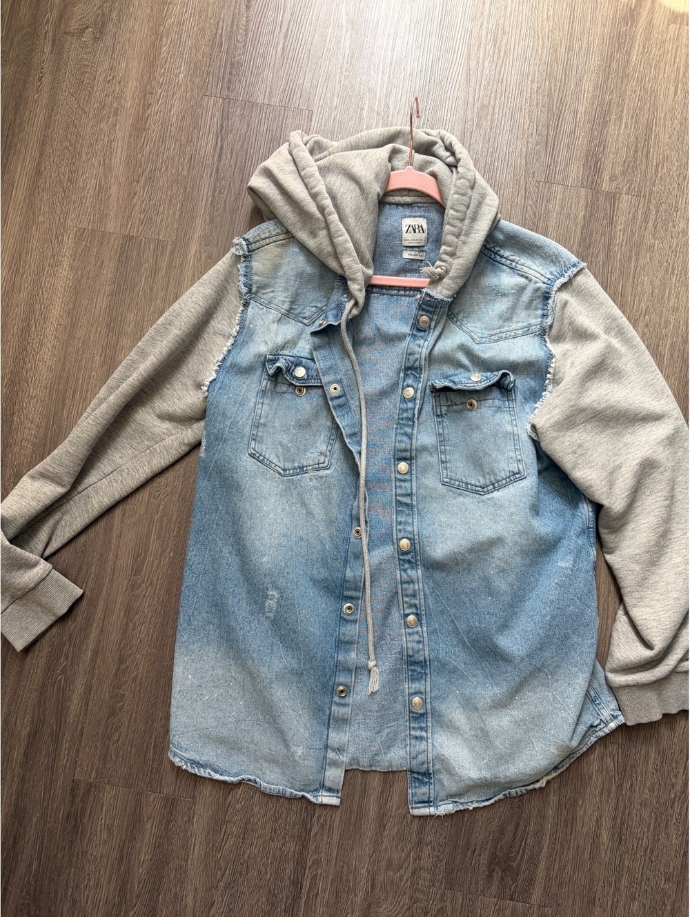Zara Relaxed Fit Denim Jacket with Gray Hoodie Sleeves and Hood